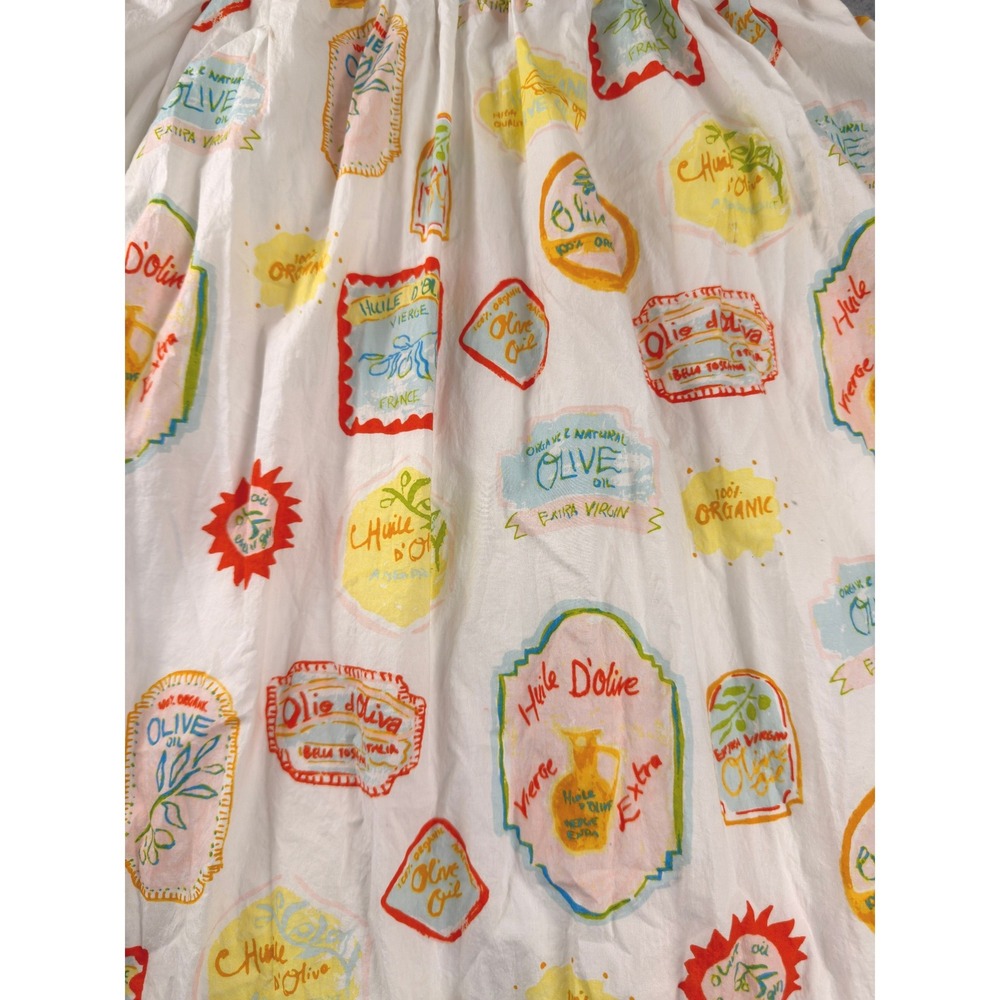 Cynthia Rowley Olive Oil Label Print Smocked Midi Dress White Large Tie Strap - Picture 3 of 11